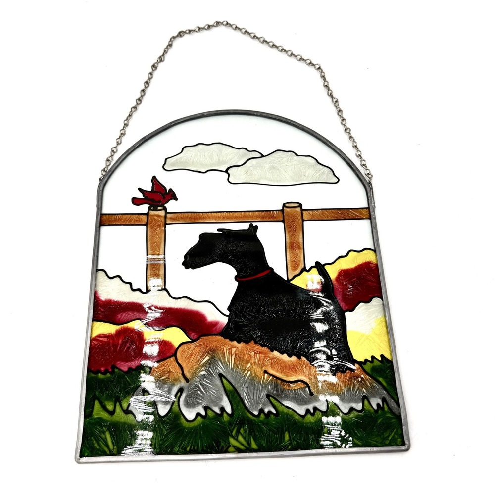 Vintage Scottish Terrier Scottie Dog Stained Glass Suncatcher Cardinal 8.5x10